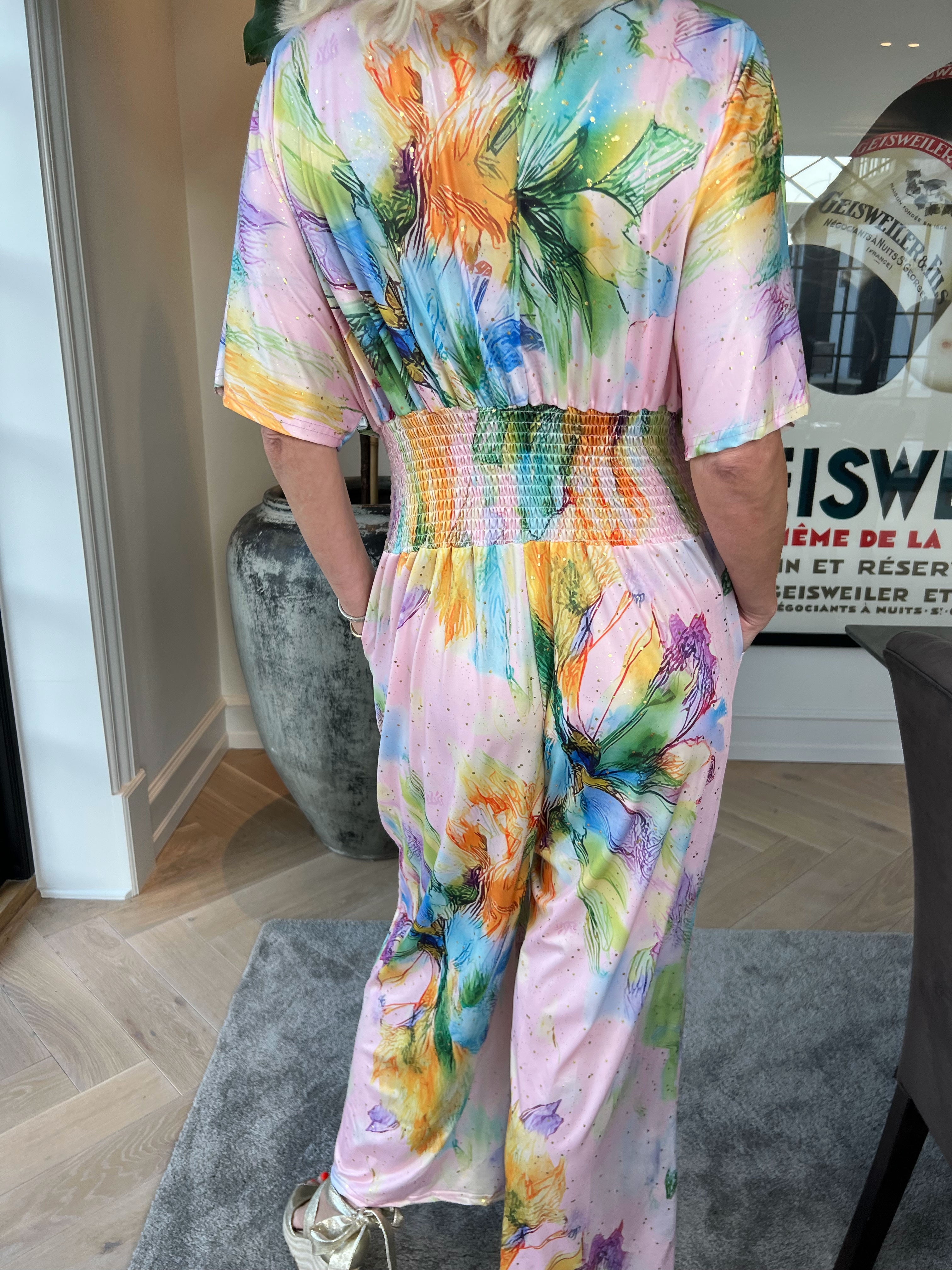 Pams Print Jumpsuit - Elastisk mønstret buksedragt med guld støv